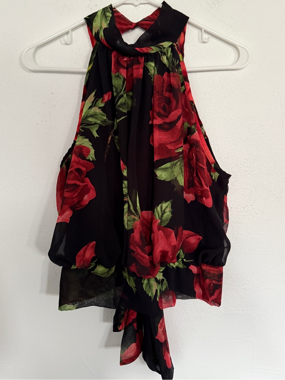 Sleeveless Black Tunic with Red Rose Print